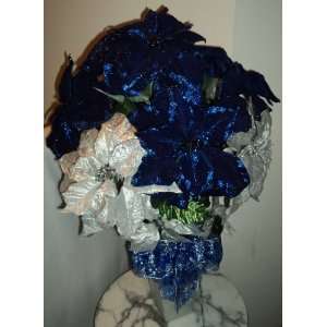   New Holiday Cobalt Blue Poinsettia Silk Floral