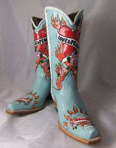 Libertys Love & Peace Hand Painted Blue Cowboy Boots  
