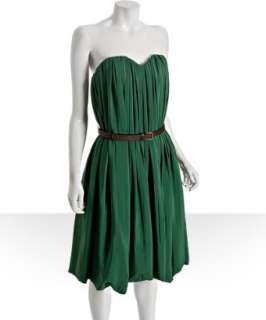 Chloe green pleated silk belted strapless dress   