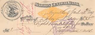 1899 BANK CHECK REVENUE STAMP X MARION ALABAMA CENTRAL  