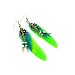 Chic Lime Green Dye Duck Feather Earrings, Accented with Multi Color 