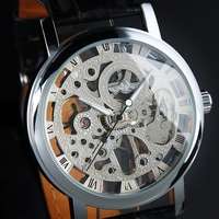 New Skeleton *Hand Winding Automatic Mechanical* Mens Leather Strap 