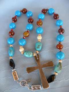   Necklace w/ Multi Color Beads and Sterling Cross Pendant *L@@K  