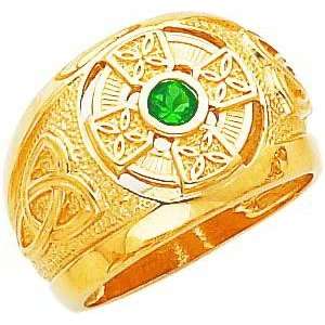 14K Gold Mens Celtic Cross with Green Synthetic Stone Center Ring Sz 