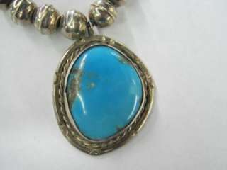   Sterling Silver Beaded Necklace w/ Turquoise Pendant unsigned Kingman