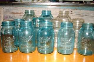 VTG LOT OF 17 ~CANNING JARS BALL/ATLAS/ SOME BLUE/CLEAR  
