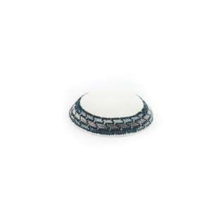   15cm White Knitted Kippah with Blue and Grey Stripes 