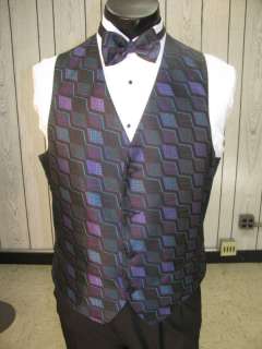 Mens Formal Vest Multi Colored Size M Matching Bow Tie  