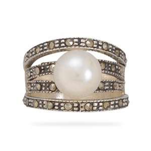  4 Marcasite Bands with a Cultured Freshwater Pearl Ring 
