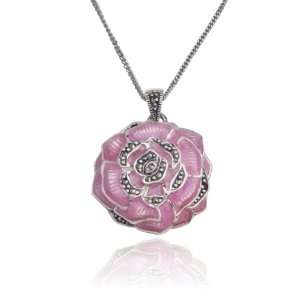  Sterling Silver Marcasite and Pink Epoxy Rose Pendant, 18 