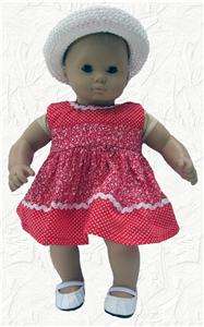 Doll Clothes Red Dots and Flowers Dress w/Hat fits Bitty Baby & 15 