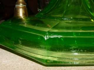 Large Antique Greek Key Oil Lamp Queen Anne Burner Emerald Green Glass 