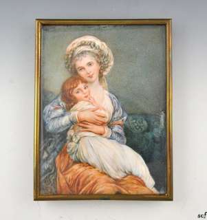 French Antique Mother & Child Portrait on Bone Brass Frame Signed 