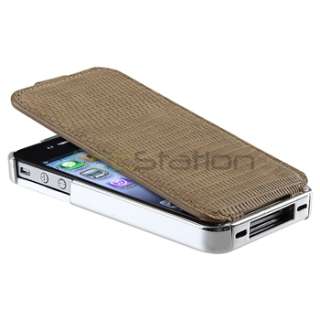 Brown Deluxe Flip PU Leather Chrome Case Cover for Apple iPhone 4 4G 