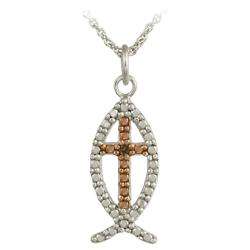 Rose Gold over Silver Champagne Diamond Accent Jesus Fish Necklace 