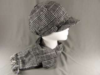   Gray Black plaid houndstooth hat cap cadet newsboy long 54 scarf set
