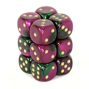  Chessex Gemini Opaque 16mm d6 Green Purple with gold Dice 