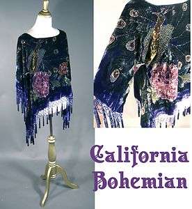   PEACOCK 70s 20s VELVET Silk BEADED Vtg California Bohemian SHAWL TOP