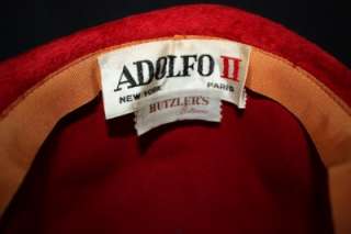  Adolfo II Red Brushed Felt Hat   Union Tag   Mint Condition  