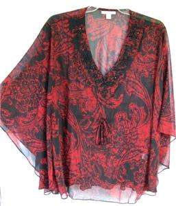 Coldwater Creek Embellished Kimono Sleeve Sheer Poncho Blouse  
