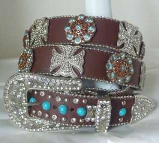   TURQUOISE BLUE TOPAZ CROSS CONCHO COWGIRL BLING LEATHER BELT XL  