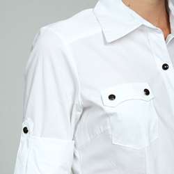 Signature By Larry Levine Womens White Button Down Shirt   