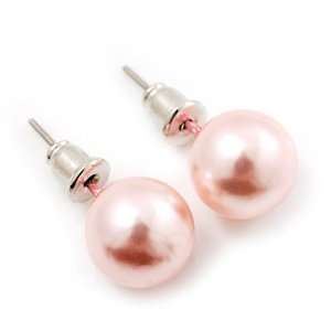 Pale Pink Lustrous Faux Pearl Stud Earrings (Silver Tone Metal)   9mm 