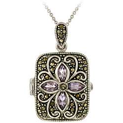   Sterling Silver Marcasite and Amethyst Locket Necklace  Overstock