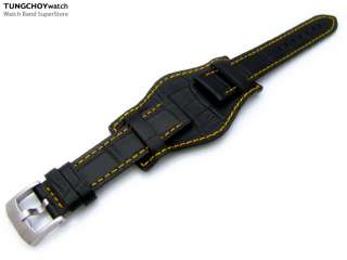 20mm Military Bunds Watch Strap BLACK CrocoCalf Yellow Stitch   316L 