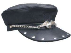 Motorcycle Biker Leather Captain Chain Studded Cap Hat  