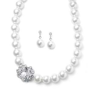 Pearl and Crystal Flower Bridal Necklace Set  