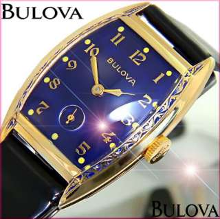   EXECUTIVE Bulova NY gold COoL Blue DIal + DeCo ENGRAVING mens Watch