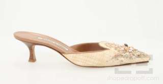 Manolo Blahnik Natural Woven & Beaded Detail Mule Heels Size 39  