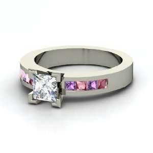   Ring, Princess Diamond 14K White Gold Ring with Amethyst & Rhodolite G