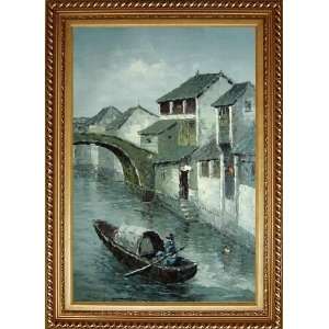  Man in A Boat at Chinese Water Village Oil Painting, with 