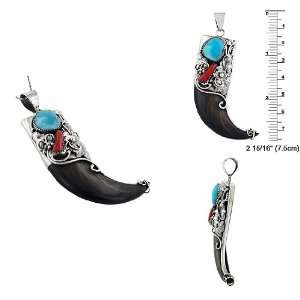   Bone Horn Pendant with Coral and Turquoise Accents Pendant Jewelry