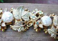 Vintage White Leaf & Flower Pastel Rhinestone Confetti Bracelet 