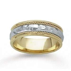  14k Two Tone Gold Hammered Rope Wedding Band: Jewelry