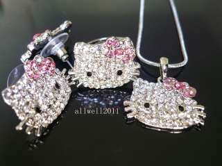   lot Hello Kitty Fashion Ring Earring Necklace set Crystal Rhinestone