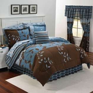   Luxury Leaves & Flowers Multi Color Brown & Blue Piece Comforter Set