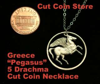 Greece Greek Pegasus 5 Drachma Cut Coin Pendant Charm Necklace 