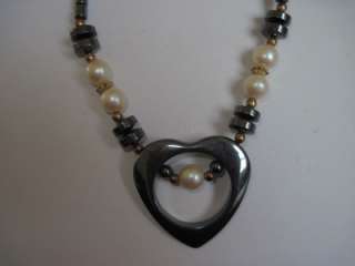 Vintage Hematite Heart Beads Faux Pearl Necklace  