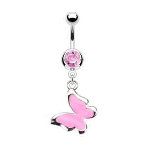 Dangling Pink Epoxy Butterfly Belly Button Navel Ring Dangle with 
