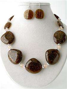 BROWN GLITTER LOOK LUCITE BEAD NECKLACE EARRING  
