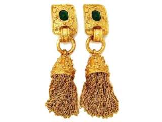 Authentic vintage Chanel earrings green stone CC fringe tassel dangle 
