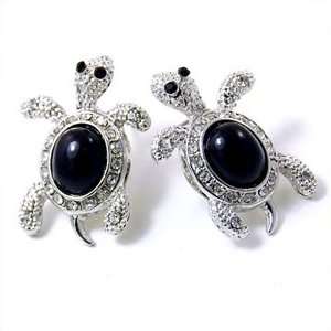   Silvertone Crystal and Black Turtle Post Earrings Fashion Jewelry