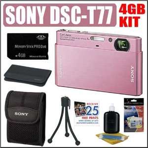  Sony Cybershot DSC T77 10MP Digital Camera (Pink) + 4GB 