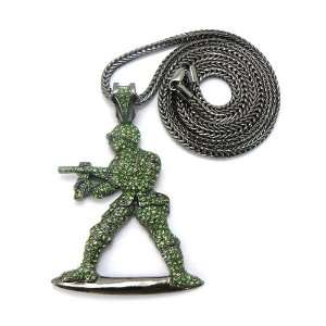 Black Iced Out Green Army Man Pendant with a 36 Inch Franco Chain G.I 