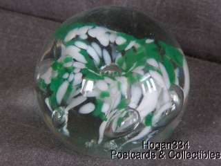 Vintage Green & White Clear Glass Ball Paper Weight  