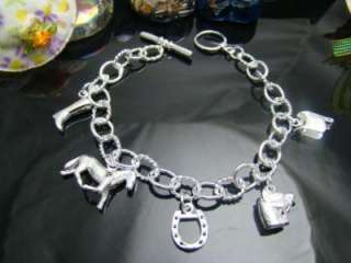 SILVER PLATED HORSE FIVE CHARMS BRACELET FREE E10  